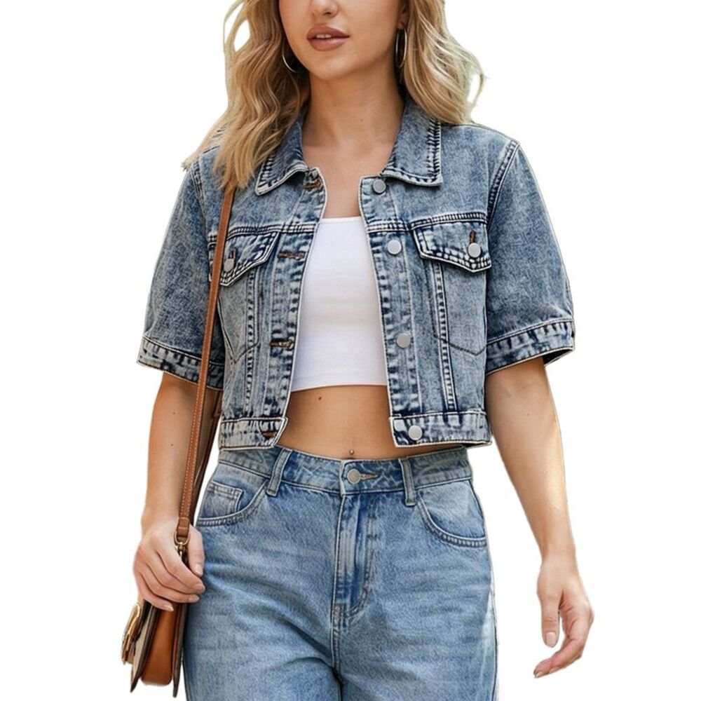 Cropped Short Sleeve Button Up Frayed Washed Jean Jacket Gray Blue